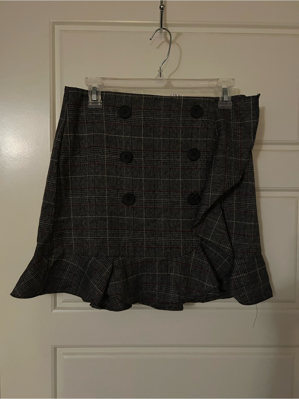 DO+BE Charcoal Plaid Double-Breasted Ruffle Mini Skirt
